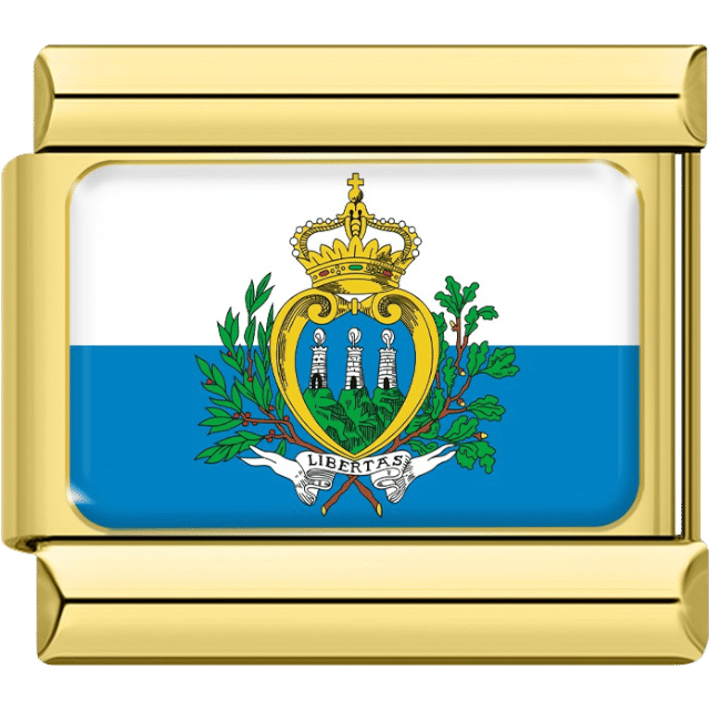 Gold-framed Italian charm featuring the blue and white flag of San Marino with the national coat of arms including the crown and three towers.